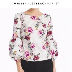 WHBM Jardin Print Poplin Stretch Balloon Sleeve Top, Crop Length